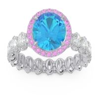 Swiss Blue Topaz Engagement Ring In Palladium With Pink Tourmaline And Diamond - Rajakula Oval Halo Ring
