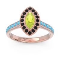 Peridot Ring In 14K Rose Gold With Black Onyx And Swiss Blue Topaz Pravahana Marquise Halo Ring
