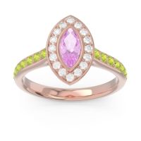 Pink Tourmaline Ring In 14K Rose Gold With Diamond And Peridot Pravahana Marquise Halo Ring