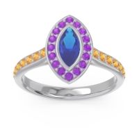 Blue Sapphire Ring In Palladium With Amethyst And Citrine Pravahana Marquise Halo Ring