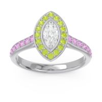 Lab Diamond Ring In 14k White Gold With Peridot And Pink Tourmaline Pravahana Marquise Halo Ring