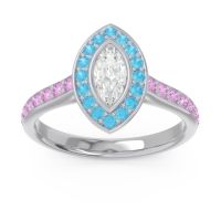 Lab Diamond Ring In 14k White Gold With Swiss Blue Topaz And Pink Tourmaline Pravahana Marquise Halo Ring