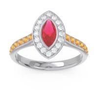 Ruby Ring In Palladium With Lab Diamond And Citrine Pravahana Marquise Halo Ring