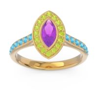 Amethyst Ring In 14k Yellow Gold With Peridot And Swiss Blue Topaz Pravahana Marquise Halo Ring
