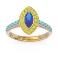 Blue Sapphire Ring In 14k Yellow Gold With Peridot And Swiss Blue Topaz Pravahana Marquise Halo Ring