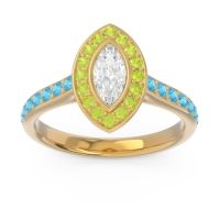 Lab Diamond Ring In 14k Yellow Gold With Peridot And Swiss Blue Topaz Pravahana Marquise Halo Ring