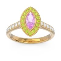 Pink Tourmaline Engagement Ring In 14k Yellow Gold With Peridot And Diamond - Pravahana Marquise Halo Ring