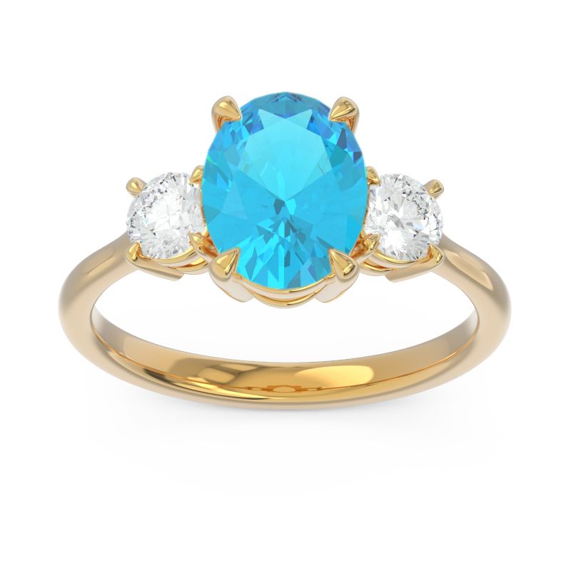 Three Stone Oval Matr Swiss Blue Topaz Ring with Diamond in 18k Yellow Gold