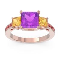 Amethyst Ring In 18K Rose Gold With Citrine And Ruby Alinda Princess Three-stone Ring