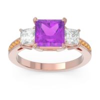Amethyst Ring In 14K Rose Gold With Lab Diamond And Citrine Alinda Princess Three-stone Ring