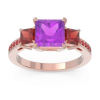 Amethyst Ring In 18K Rose Gold With Garnet And Ruby Alinda Princess Three-stone Ring