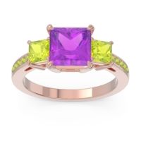 Amethyst Ring In 14K Rose Gold With Peridot Alinda Princess Three-stone Ring