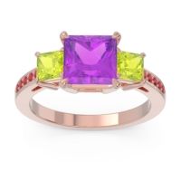 Amethyst Ring In 14K Rose Gold With Peridot And Ruby Alinda Princess Three-stone Ring