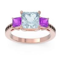Aquamarine Ring In 18K Rose Gold With Amethyst And Black Onyx Alinda Princess Three-stone Ring