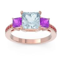 Aquamarine Ring In 18K Rose Gold With Amethyst And Ruby Alinda Princess Three-stone Ring