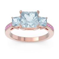 Aquamarine Ring In 14K Rose Gold With Pink Tourmaline Alinda Princess Three-stone Ring