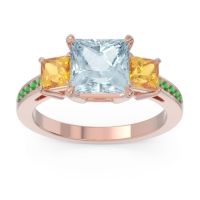 Aquamarine Ring In 18K Rose Gold With Citrine And Emerald Alinda Princess Three-stone Ring