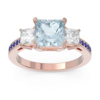 Aquamarine Ring In 18K Rose Gold With Lab Diamond And Blue Sapphire Alinda Princess Three-stone Ring