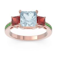 Aquamarine Ring In 18K Rose Gold With Garnet And Emerald Alinda Princess Three-stone Ring
