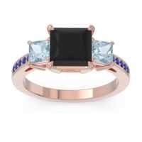Black Onyx Ring In 14K Rose Gold With Aquamarine And Blue Sapphire Alinda Princess Three-stone Ring