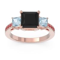 Black Onyx Ring In 14K Rose Gold With Aquamarine And Ruby Alinda Princess Three-stone Ring