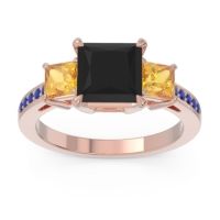 Black Onyx Ring In 14K Rose Gold With Citrine And Blue Sapphire Alinda Princess Three-stone Ring