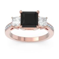 Black Onyx Ring In 14K Rose Gold With Lab Diamond And Aquamarine Alinda Princess Three-stone Ring