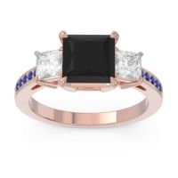 Black Onyx Ring In 18K Rose Gold With Lab Diamond And Blue Sapphire Alinda Princess Three-stone Ring