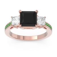 Black Onyx Ring In 18K Rose Gold With Lab Diamond And Emerald Alinda Princess Three-stone Ring