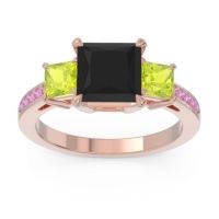 Black Onyx Ring In 18K Rose Gold With Peridot And Pink Tourmaline Alinda Princess Three-stone Ring