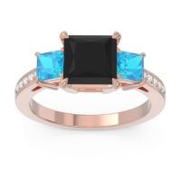 Black Onyx Ring In 18K Rose Gold With Swiss Blue Topaz And Lab Diamond Alinda Princess Three-stone Ring