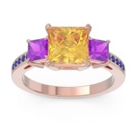 Citrine Ring In 18K Rose Gold With Amethyst And Blue Sapphire Alinda Princess Three-stone Ring