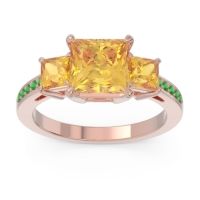 Citrine Ring In 18K Rose Gold With Emerald Alinda Princess Three-stone Ring