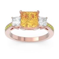 Citrine Ring In 18K Rose Gold With Lab Diamond And Peridot Alinda Princess Three-stone Ring