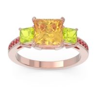 Citrine Ring In 14K Rose Gold With Peridot And Ruby Alinda Princess Three-stone Ring