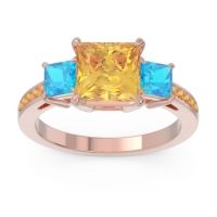 Citrine Ring In 14K Rose Gold With Swiss Blue Topaz Alinda Princess Three-stone Ring