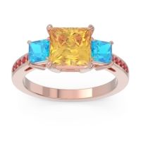 Citrine Ring In 14K Rose Gold With Swiss Blue Topaz And Ruby Alinda Princess Three-stone Ring