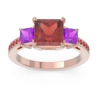 Garnet Ring In 18K Rose Gold With Amethyst And Ruby Alinda Princess Three-stone Ring