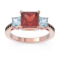 Garnet Ring In 18K Rose Gold With Aquamarine And Black Onyx Alinda Princess Three-stone Ring