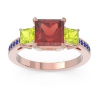 Garnet Ring In 14K Rose Gold With Peridot And Blue Sapphire Alinda Princess Three-stone Ring
