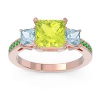 Peridot Ring In 18K Rose Gold With Aquamarine And Emerald Alinda Princess Three-stone Ring