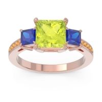 Peridot Ring In 14K Rose Gold With Blue Sapphire And Citrine Alinda Princess Three-stone Ring