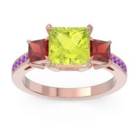 Peridot Ring In 18K Rose Gold With Garnet And Amethyst Alinda Princess Three-stone Ring