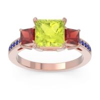 Peridot Ring In 14K Rose Gold With Garnet And Blue Sapphire Alinda Princess Three-stone Ring