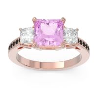 Pink Tourmaline Ring In 18K Rose Gold With Lab Diamond And Black Onyx Alinda Princess Three-stone Ring