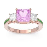Pink Tourmaline Ring In 18K Rose Gold With Lab Diamond And Emerald Alinda Princess Three-stone Ring