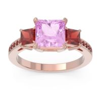 Pink Tourmaline Ring In 14K Rose Gold With Garnet Alinda Princess Three-stone Ring