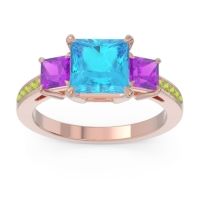 Swiss Blue Topaz Ring In 18K Rose Gold With Amethyst And Peridot Alinda Princess Three-stone Ring