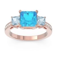 Swiss Blue Topaz Engagement Ring In 14K Rose Gold With Aquamarine And Diamond - Alinda Princess Three-stone Ring