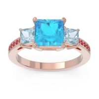 Swiss Blue Topaz Ring In 18K Rose Gold With Aquamarine And Ruby Alinda Princess Three-stone Ring